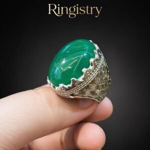 Handmade Engraved Silver Ring: Natural Green Aqeeq Oval Statement Gemstone