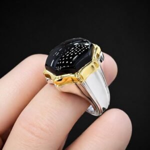 Sterling Silver Black Agate Signet Ring: Islamic Engraved Men's Band
