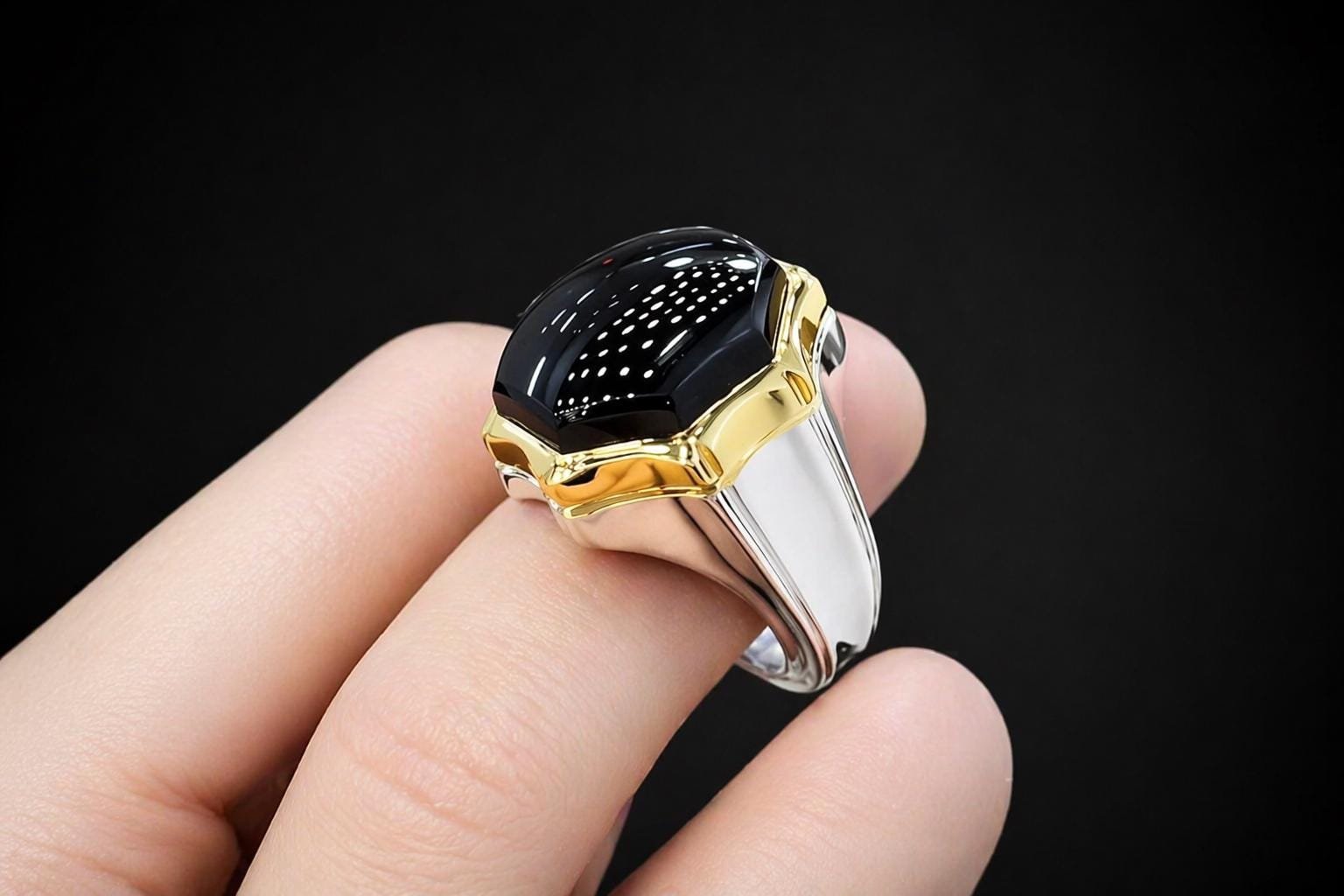 Sterling Silver Black Agate Signet Ring: Islamic Engraved Men's Band