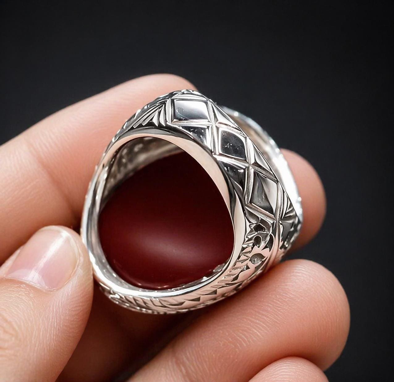 Dark Red Agate Aqeeq Silver Signet Ring: Handmade Islamic Statement Jewelry - Image 2