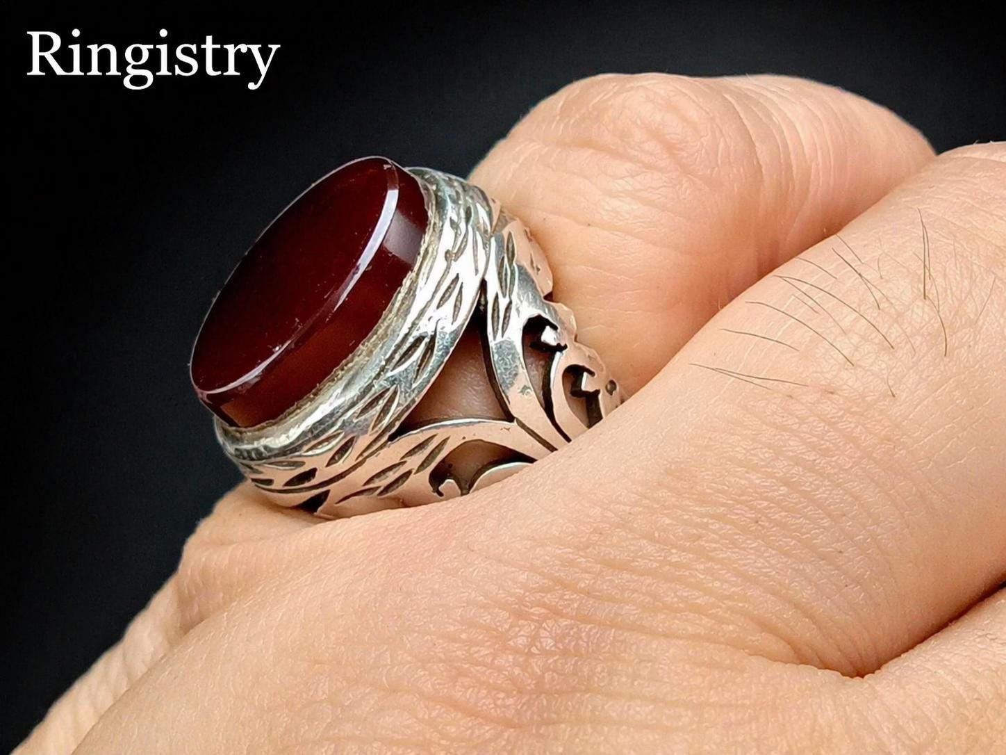 Red Agate Aqeeq Men's Signet Ring: Handmade Silver Engraved Oval Statement - Image 2