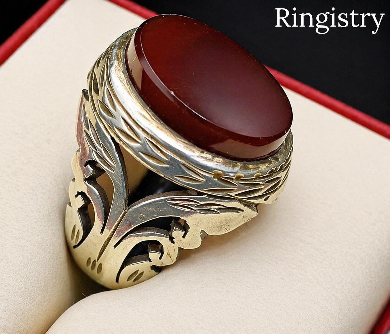 Red Agate Aqeeq Men's Signet Ring: Handmade Silver Engraved Oval Statement - Image 5
