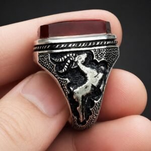 Dark Brown Agate Aqeeq Signet Ring, Silver Ram Motif Band, Handmade Statement Gift