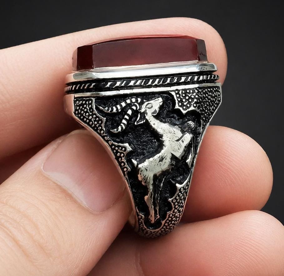 Dark Brown Agate Aqeeq Signet Ring, Silver Ram Motif Band, Handmade Statement Gift