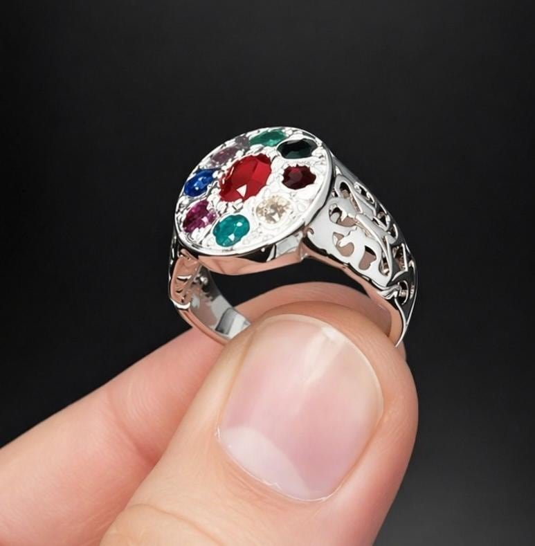 Navratan Silver Aqeeq Agate Gemstone Band Handmade Men Astrology Nine Stone Vintage Statement Gift