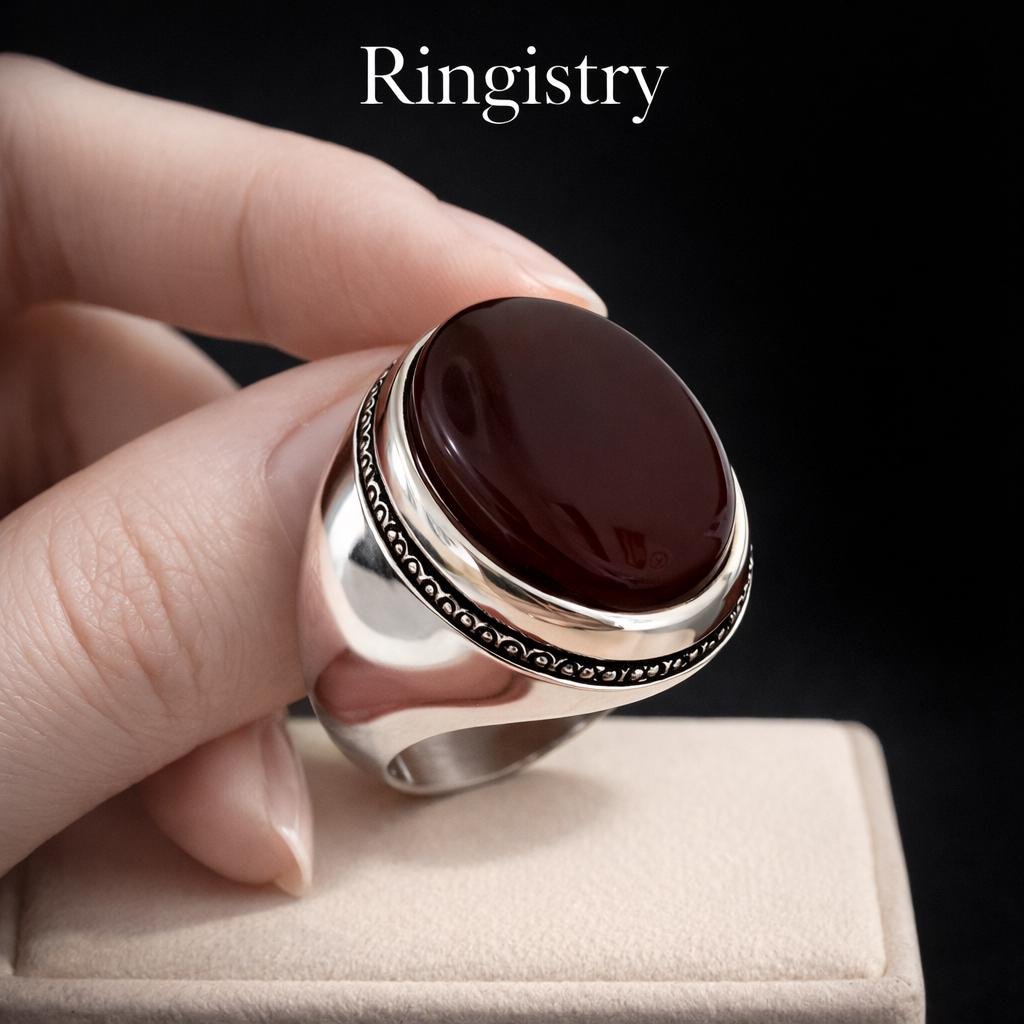 Dark Red Aqeeq Agate Silver Signet Handmade Men Vintage Oval Gemstone Statement Gift - Image 3