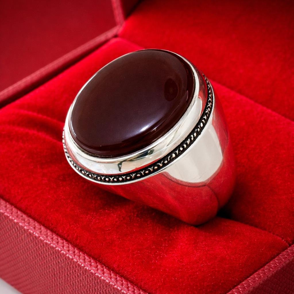 Dark Red Aqeeq Agate Silver Signet Handmade Men Vintage Oval Gemstone Statement Gift