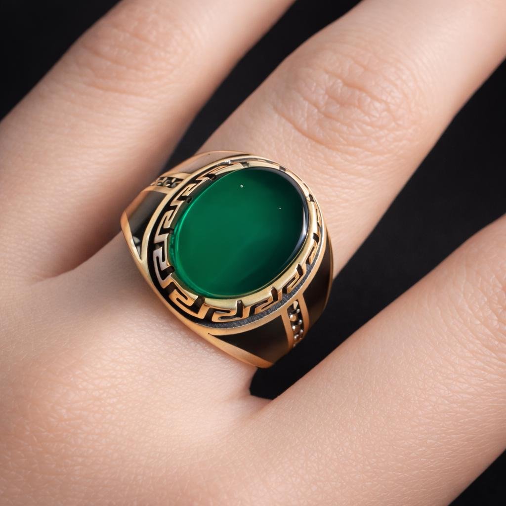 Green Aqeeq Agate Silver Signet Handmade Men Vintage Oval Gemstone Statement Gift Sabz Stone - Image 4