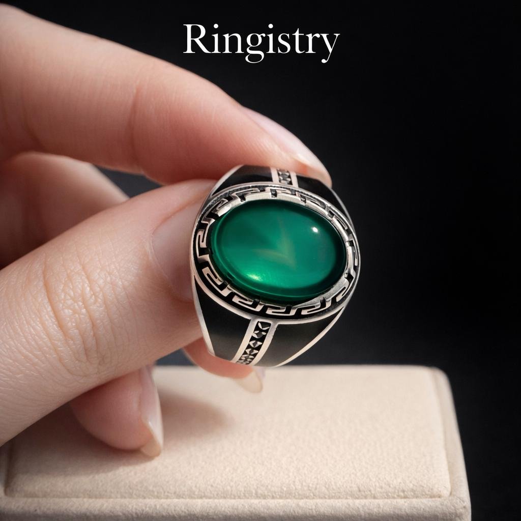 Green Aqeeq Agate Silver Signet Handmade Men Vintage Oval Gemstone Statement Gift Sabz Stone - Image 5