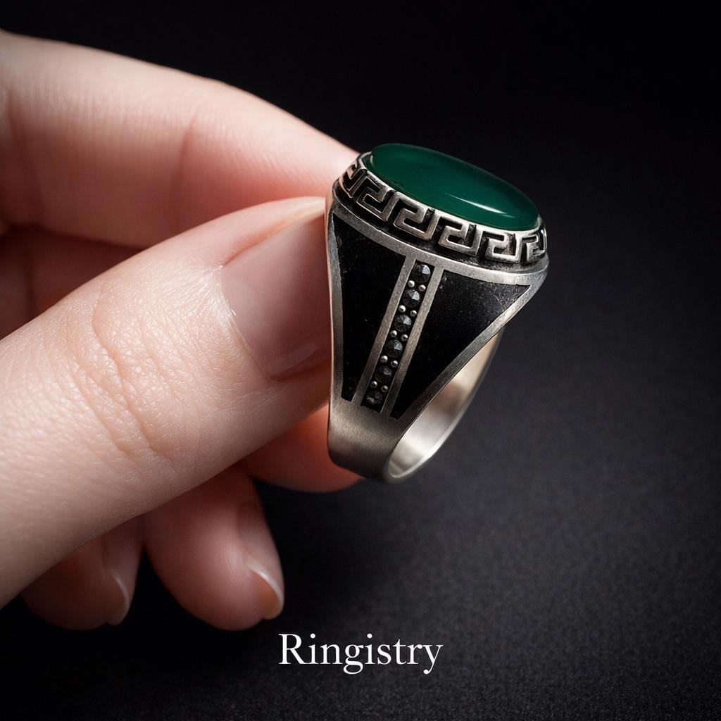 Green Aqeeq Agate Silver Signet Handmade Men Vintage Oval Gemstone Statement Gift Sabz Stone - Image 7