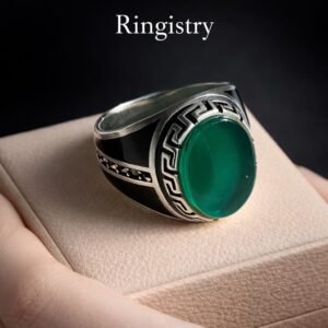 Green Aqeeq Agate Silver Signet Handmade Men Vintage Oval Gemstone Statement Gift Sabz Stone