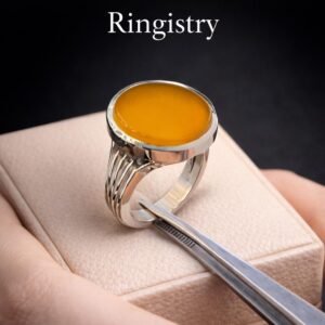 Yellow Aqeeq Agate Signet Handmade Silver Statement Gift for Him