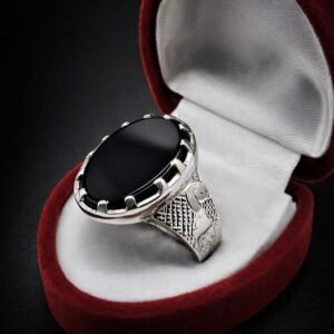 Black Aqeeq Agate Signet Handmade Silver Statement Gift for Him