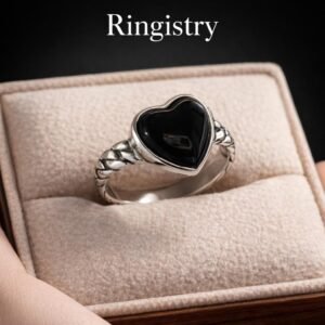 Heart Black Agate Silver Ring – Twisted Band, Minimalist Style