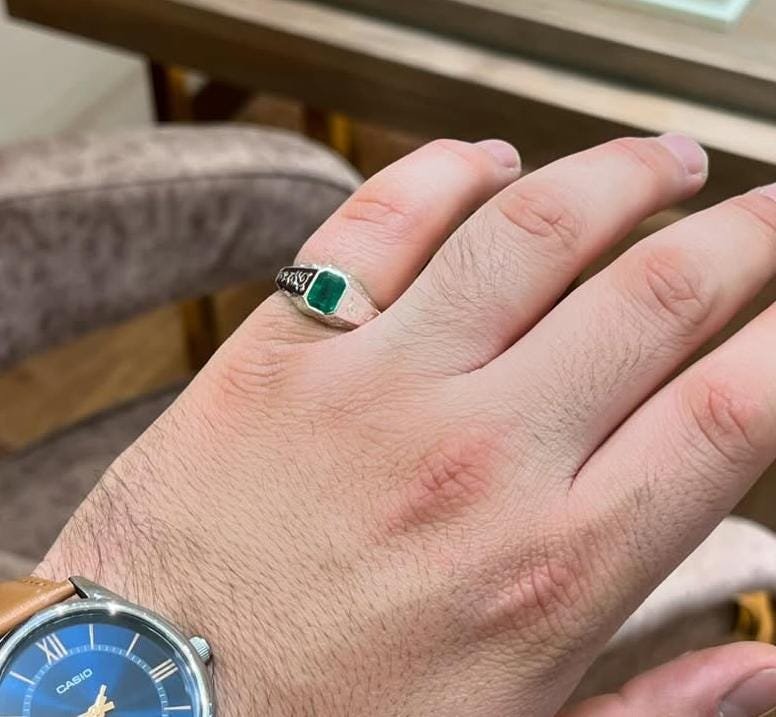 Natural Green Emerald Signet Silver Handmade Engraved Mens Statement Gift Vintage - Image 5