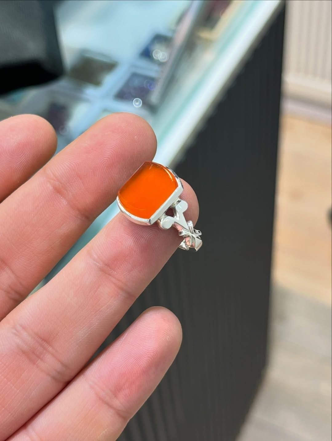 Red Orange Agate Aqeeq Silver Signet Handmade Statement Gift Vintage Engraved