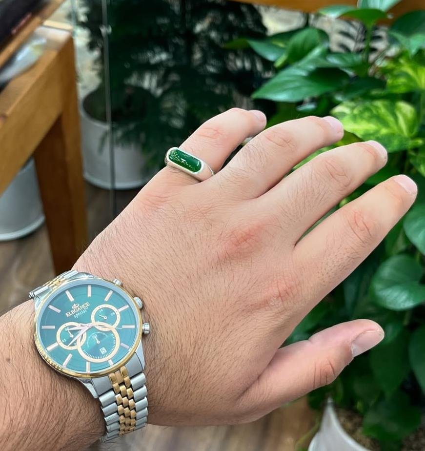 Green Agate Aqeeq Silver Signet Handmade Minimalist Statement Gift for Him - Image 2