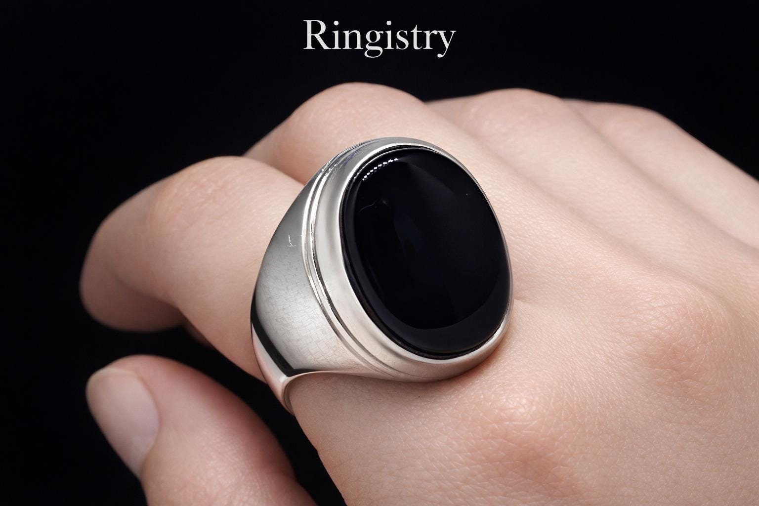 Black Agate Aqeeq Silver Signet Handmade Statement Gift for Him Minimalist - Image 3