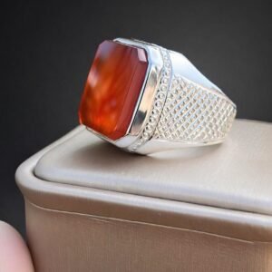 Red Agate Aqeeq Silver Signet Handmade Statement Gift for Him Geometric