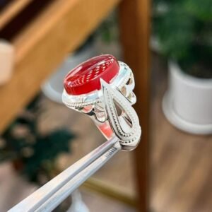 Natural Red Agate Yemeni Aqeeq Ring, Sterling Silver Statement Islamic Gemstone Jewelry