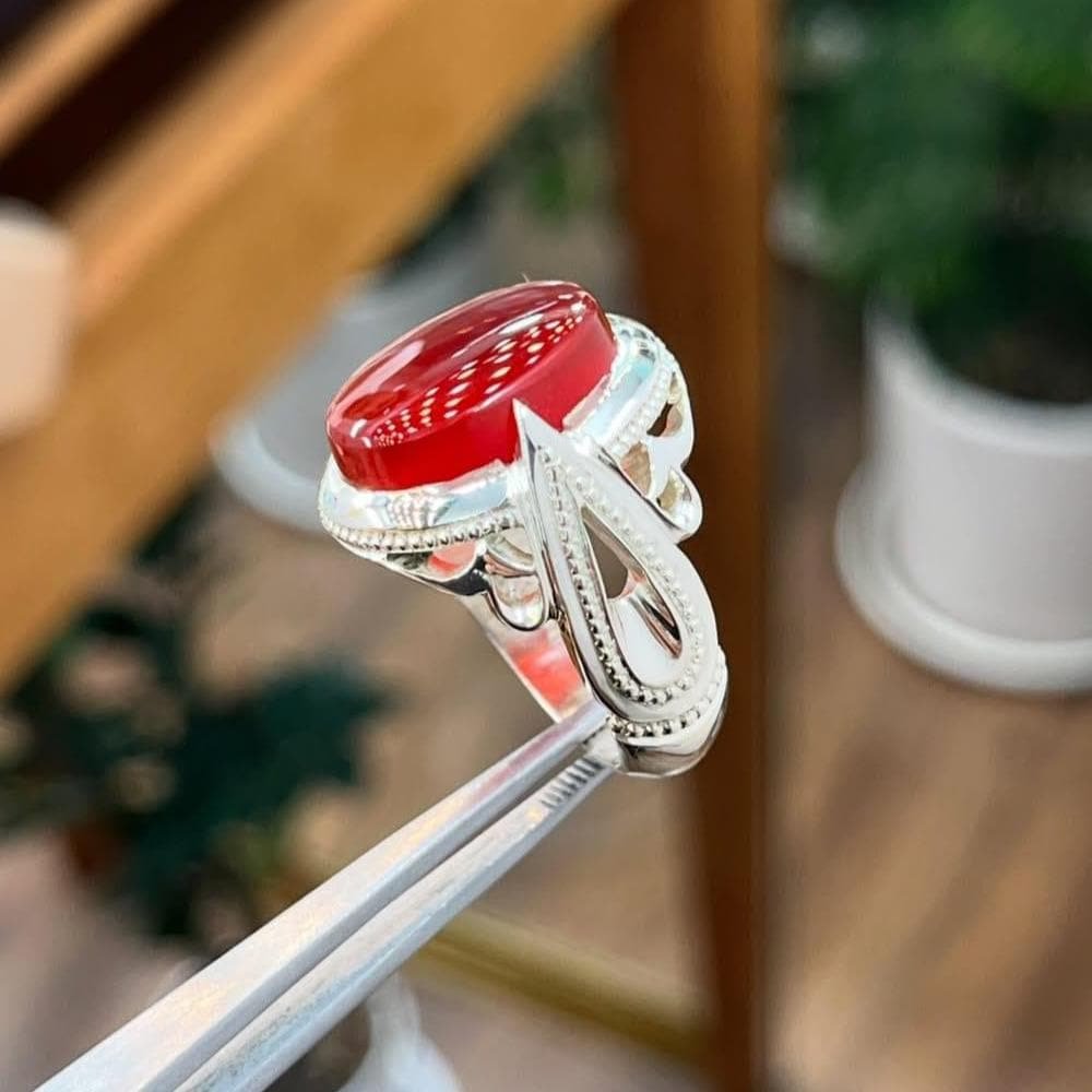 Natural Red Agate Yemeni Aqeeq Ring, Sterling Silver Statement Islamic Gemstone Jewelry