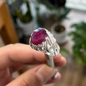 Natural Ruby Men's Ring, Sterling Silver Leaf Band, Oval Red Manik Stone