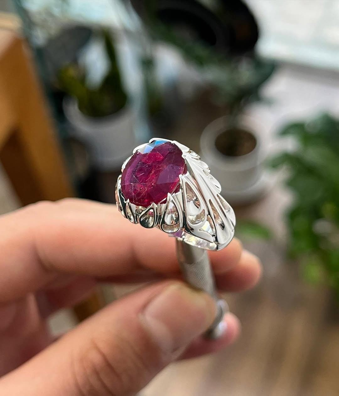Natural Ruby Men's Ring, Sterling Silver Leaf Band, Oval Red Manik Stone