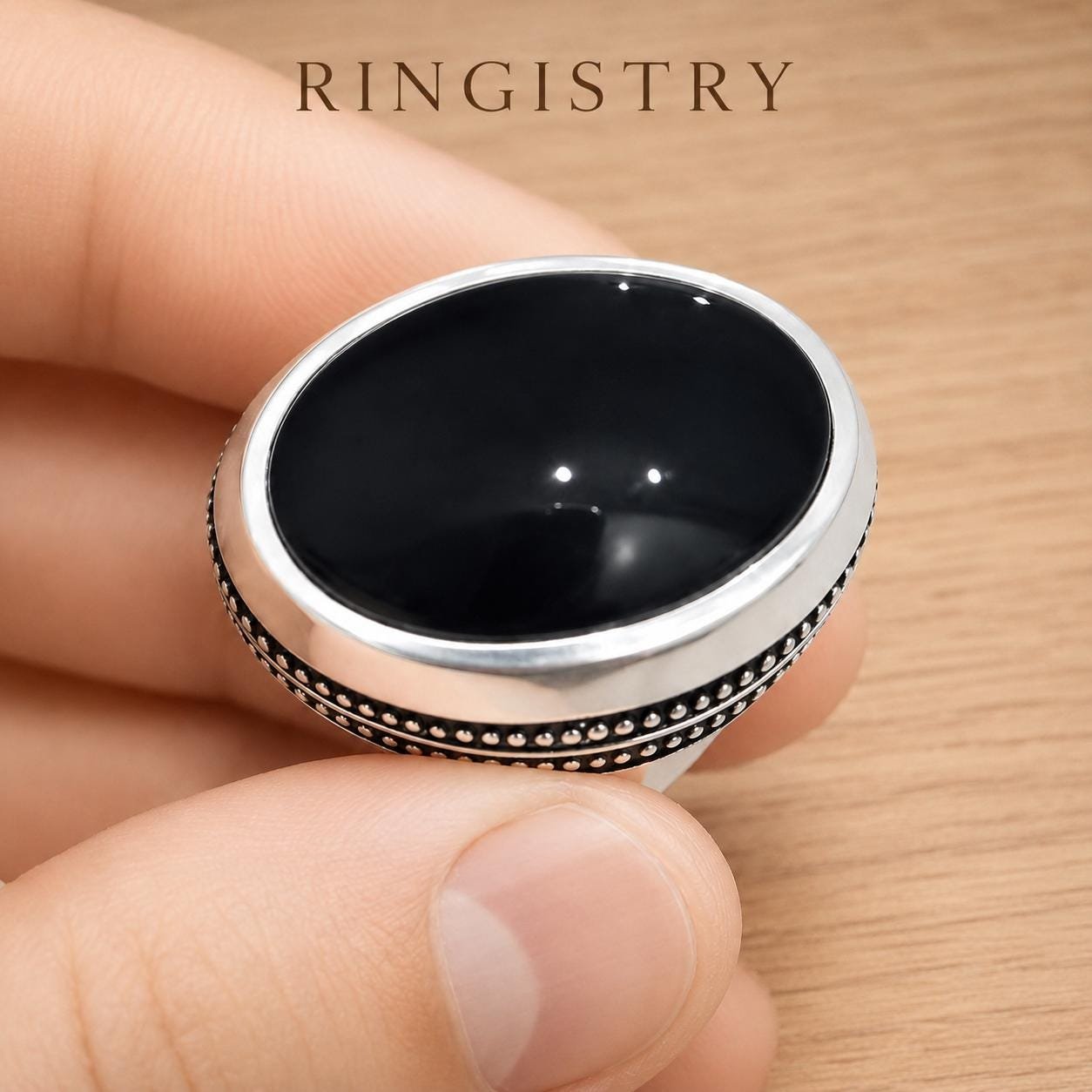 Black Agate Aqeeq Silver Statement Ring for Men Handmade Oval Stone Islamic Gift