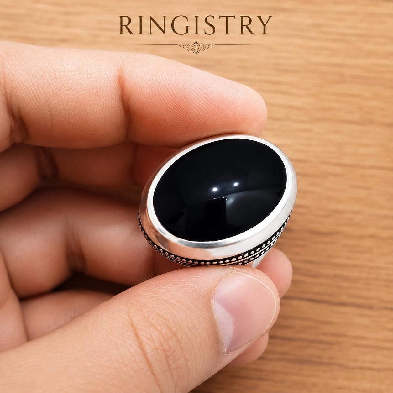 Black Agate Aqeeq Silver Statement Ring for Men Handmade Oval Stone Islamic Gift - Image 2