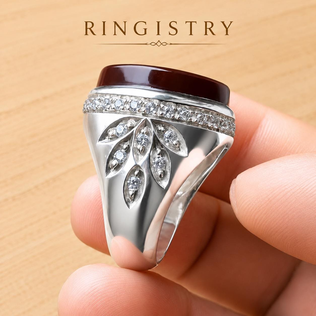 Dark Red Aqeeq Agate Silver Statement Ring for Men Oval Stone Islamic Gift - Image 3