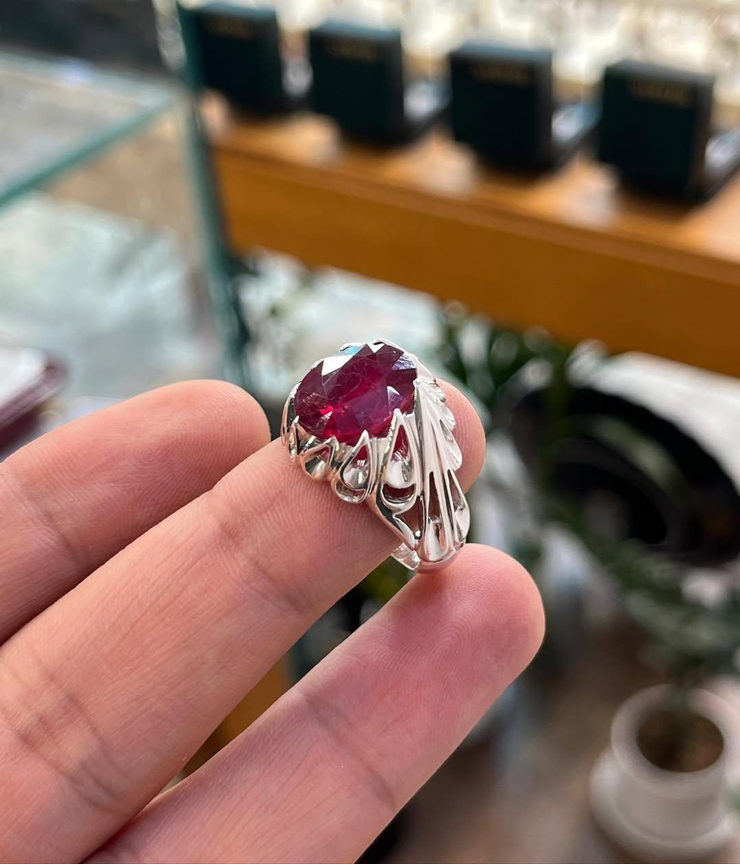 Natural Ruby Men's Ring, Sterling Silver Leaf Band, Oval Red Manik Stone - Image 3