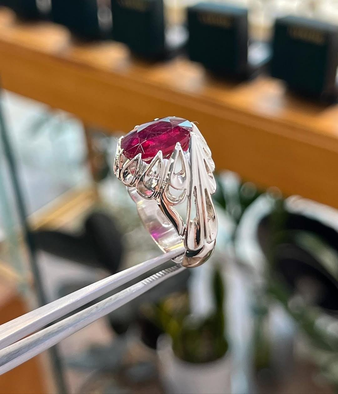 Natural Ruby Men's Ring, Sterling Silver Leaf Band, Oval Red Manik Stone - Image 2