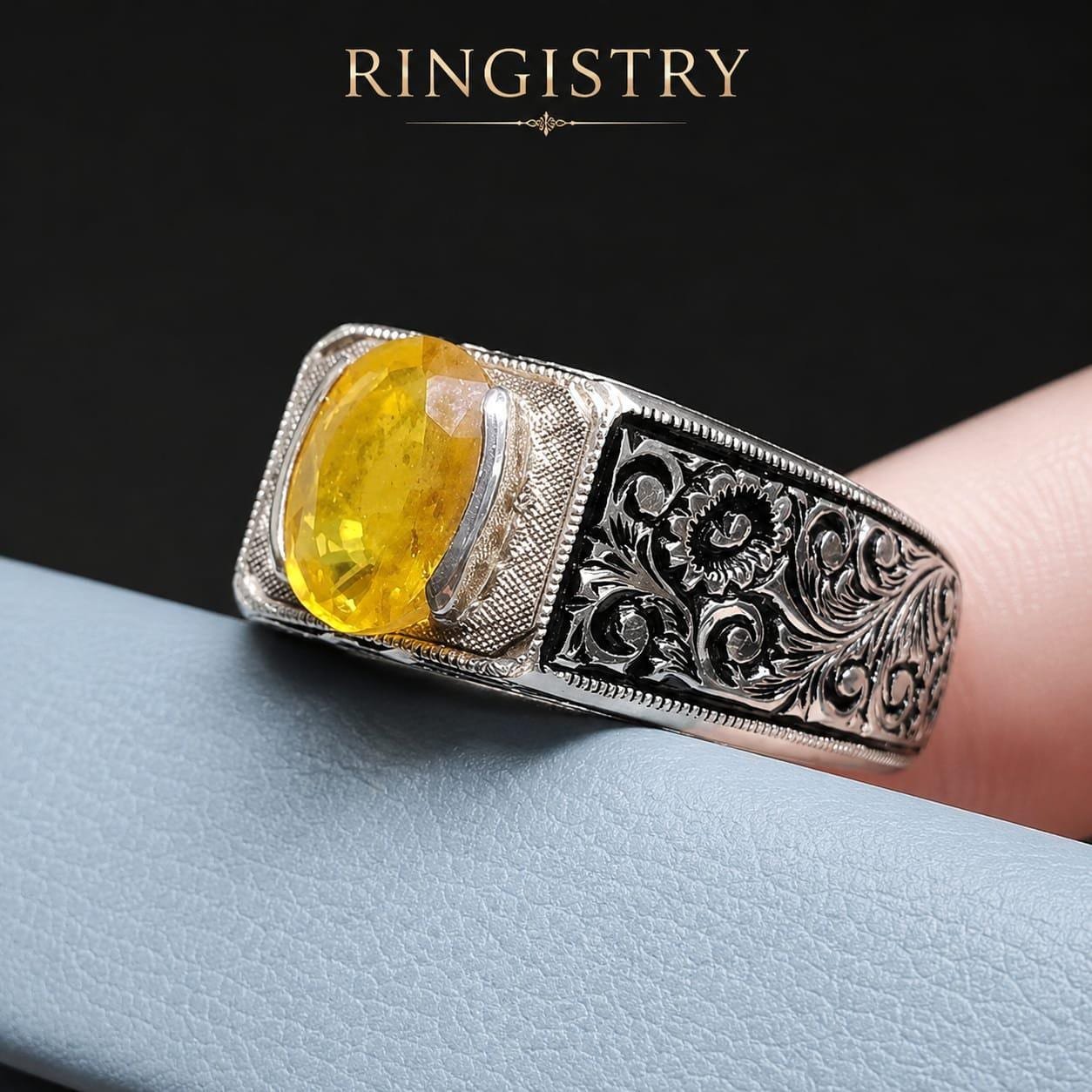 Natural Unheated African Yellow Sapphire Ring, Sterling Silver, Vintage Floral Engraved Design