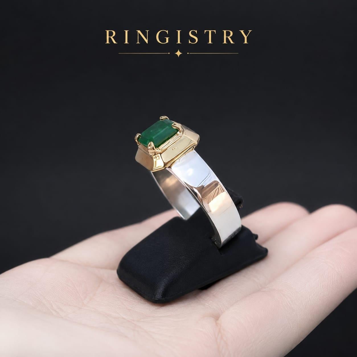 Natural Green Emerald Signet Ring, Handmade Silver Statement Band, Emerald Cut Gemstone Gift - Image 2