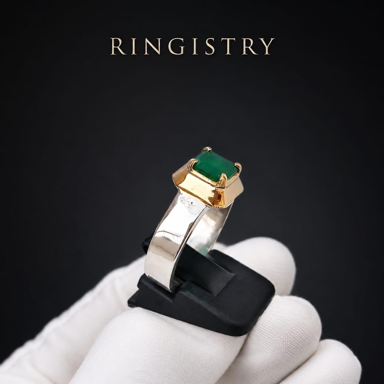 Natural Green Emerald Signet Ring, Handmade Silver Statement Band, Emerald Cut Gemstone Gift - Image 3