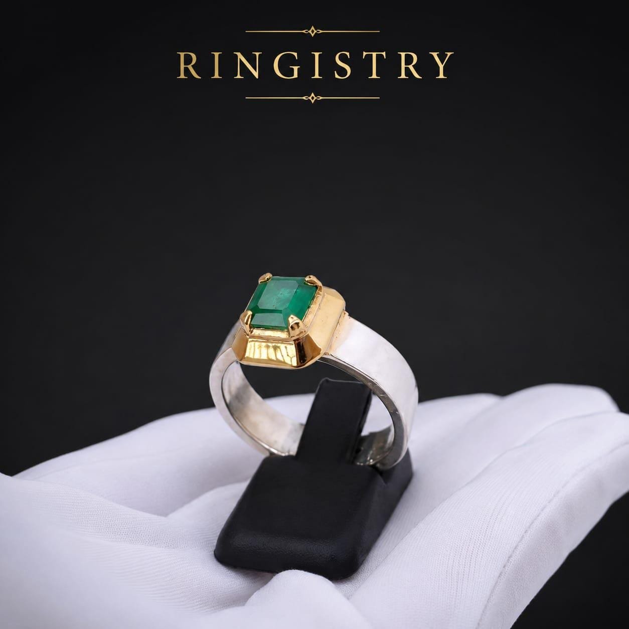 Natural Green Emerald Signet Ring, Handmade Silver Statement Band, Emerald Cut Gemstone Gift