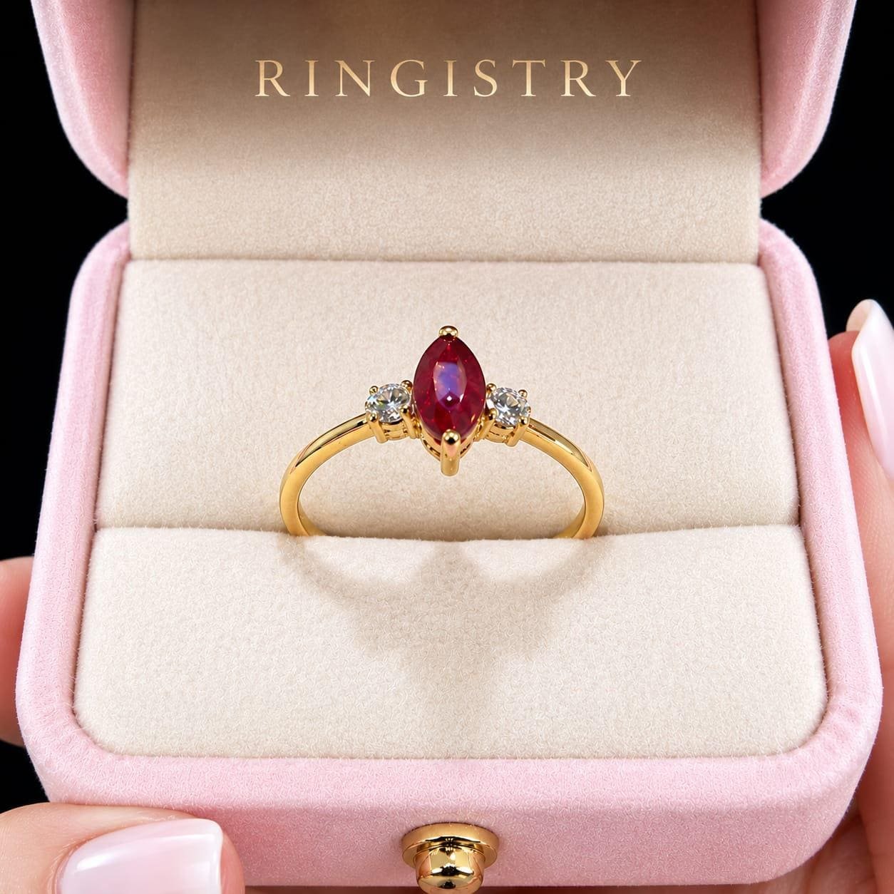 18K 21K Gold Marquise Ruby Ring, July Birthstone, Minimalist Engagement Ring - Image 2