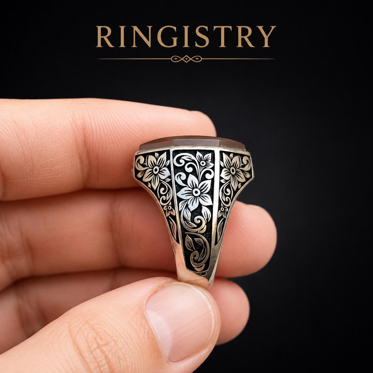 Men's Brown Agate Aqeeq Signet Ring: Handmade Floral Engraved Silver Vintage Statement Accessory - Image 2
