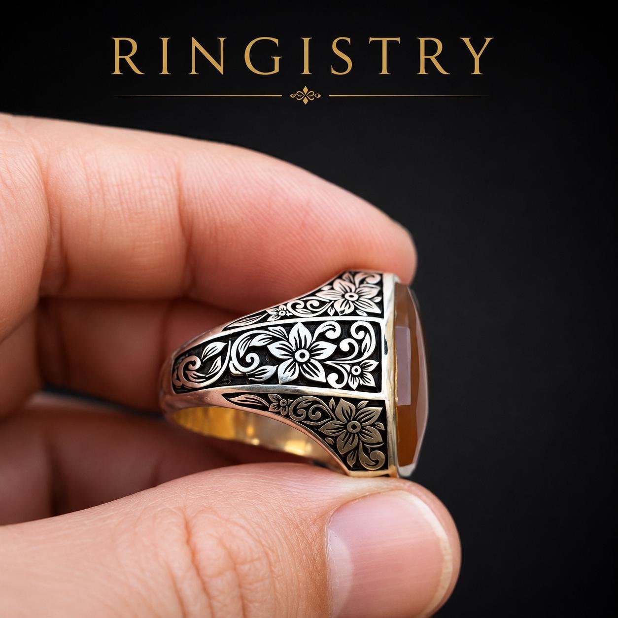 Men's Brown Agate Aqeeq Signet Ring: Handmade Floral Engraved Silver Vintage Statement Accessory - Image 3
