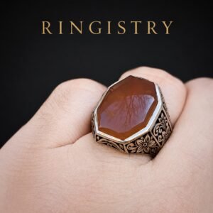 Men's Brown Agate Aqeeq Signet Ring: Handmade Floral Engraved Silver Vintage Statement Accessory