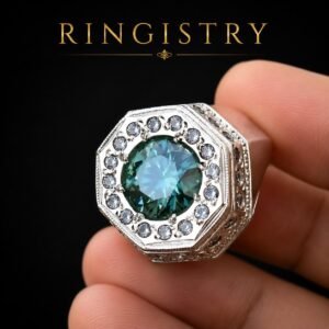 Men's Green Moissanite Octagon Halo Signet Ring, Silver Statement Luxury Handmade Vintage Style