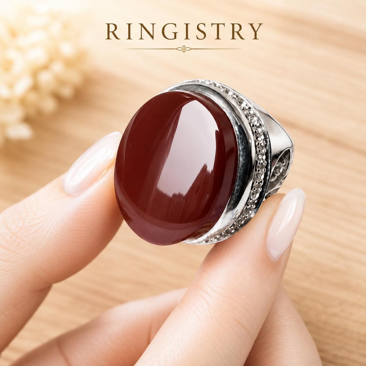 Dark Red Aqeeq Agate Silver Statement Ring for Men Oval Stone Islamic Gift - Image 2