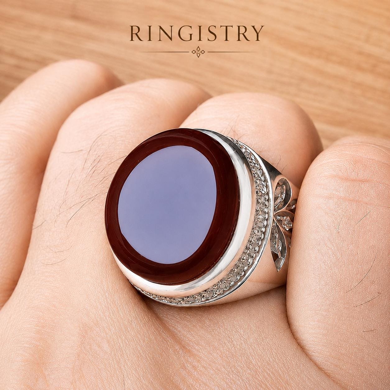 Dark Red Aqeeq Agate Silver Statement Ring for Men Oval Stone Islamic Gift - Image 5
