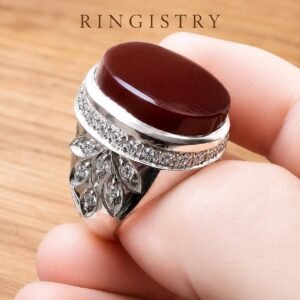Dark Red Aqeeq Agate Silver Statement Ring for Men Oval Stone Islamic Gift