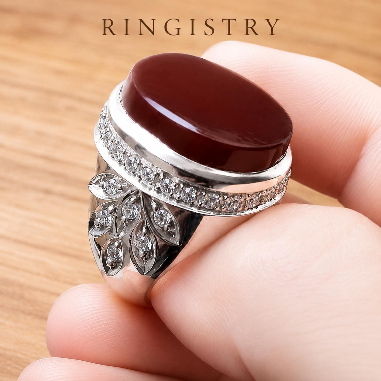 Dark Red Aqeeq Agate Silver Statement Ring for Men Oval Stone Islamic Gift