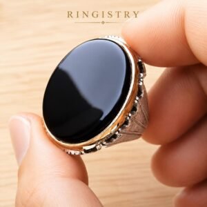 Black Aqeeq Agate Silver Statement Ring for Men Oval Stone Islamic Gift