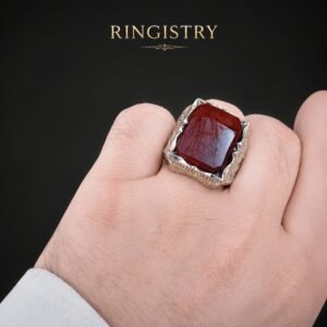 Mens Yemeni Aqeeq Ring, Dark Blood Red Agate Akik Ring, 925 Sterling Silver Shia Style Square Stone Ring
