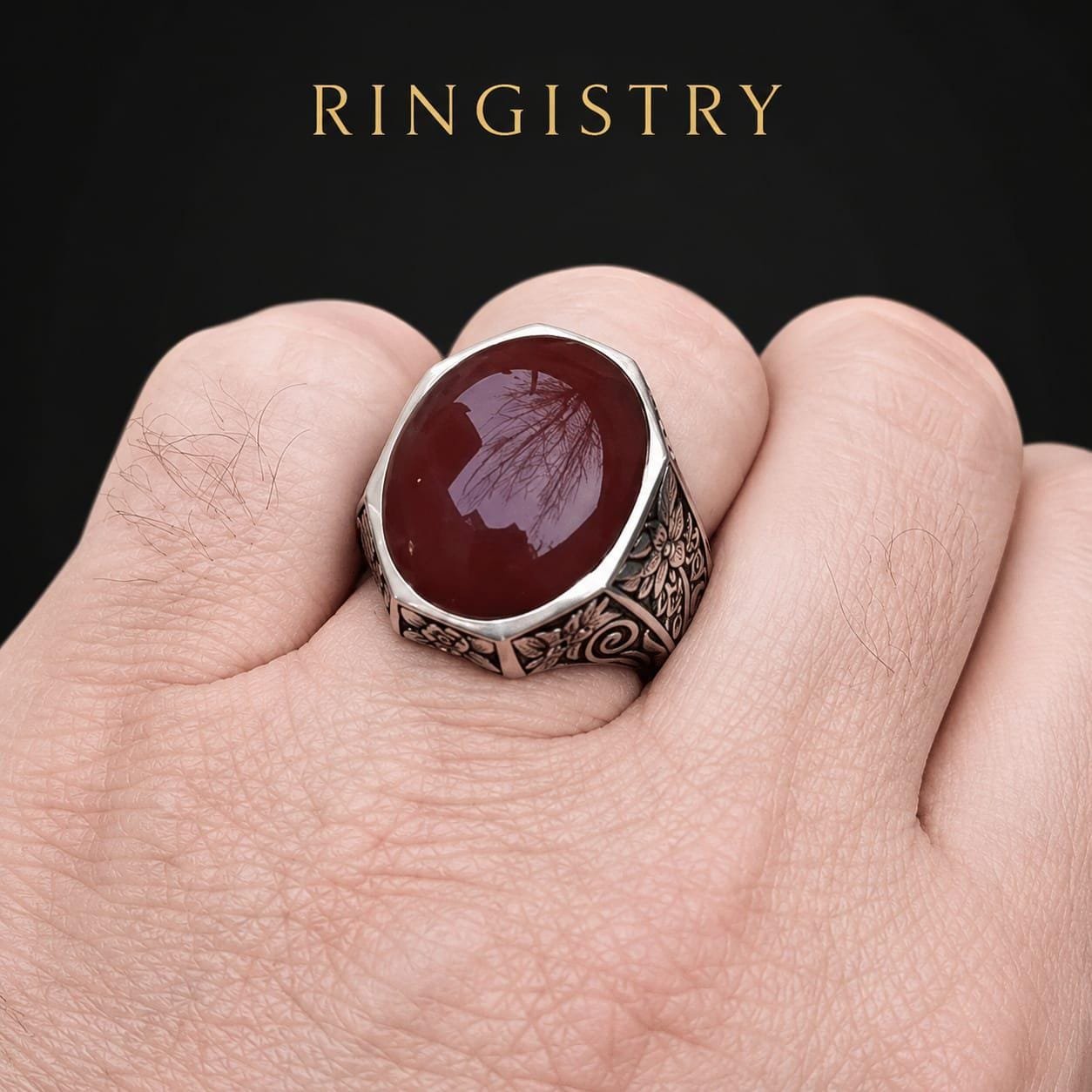 Men's Red Yemeni Aqeeq Ring, Sterling Silver, Cushion Square Agate, Islamic Style