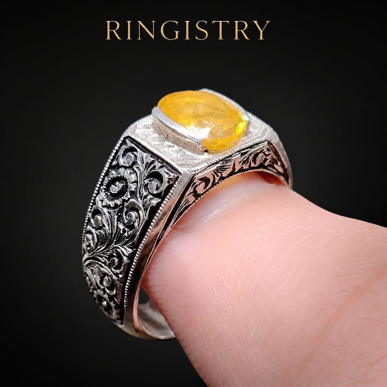 Natural Unheated African Yellow Sapphire Ring, Sterling Silver, Vintage Floral Engraved Design - Image 2