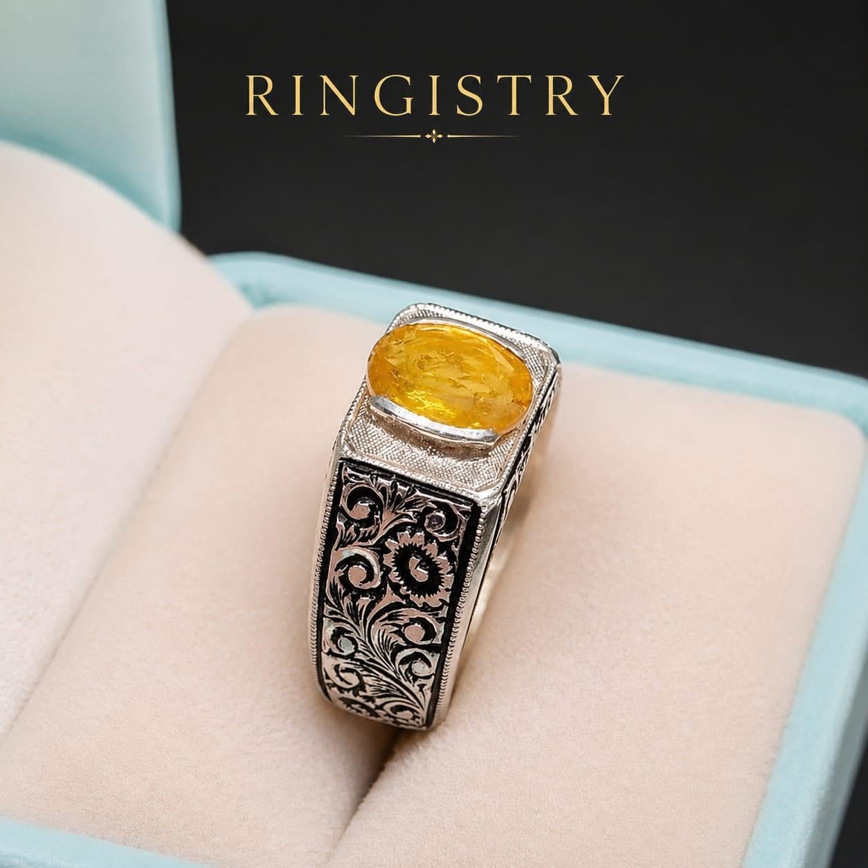 Natural Unheated African Yellow Sapphire Ring, Sterling Silver, Vintage Floral Engraved Design - Image 3